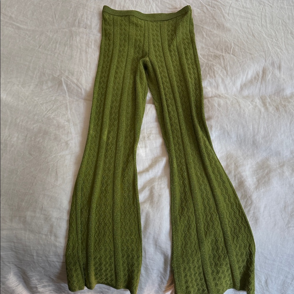 Sandro Paris Green Metallic Cable Knit Flared Stretch Pants Size 38 4/6